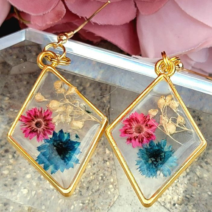 Nature Inspired Pink &  Blue Real Flowers Earrings, Botanical Dangle, Unique Statement Drop Earring