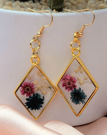 Nature Inspired Pink &  Blue Real Flowers Earrings, Botanical Dangle, Unique Statement Drop Earring