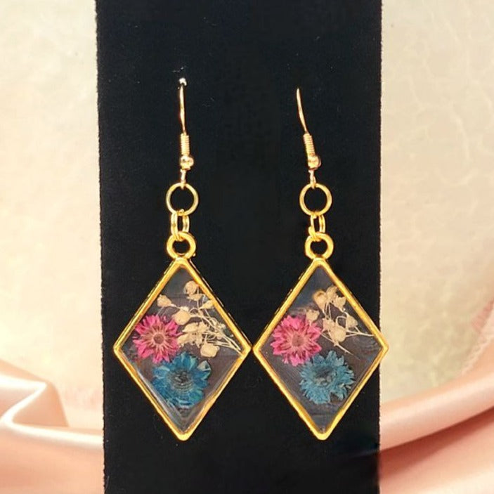 Nature Inspired Pink &  Blue Real Flowers Earrings, Botanical Dangle, Unique Statement Drop Earring