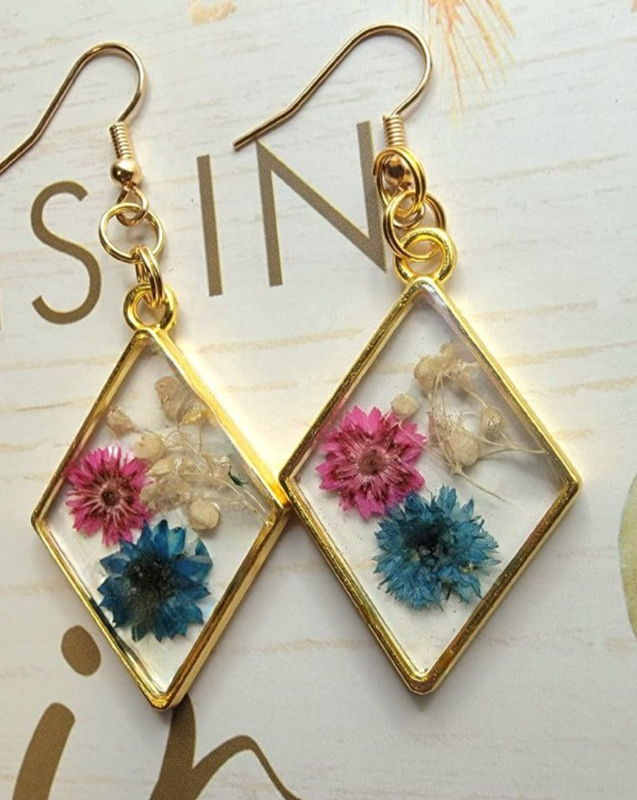 Nature Inspired Pink &  Blue Real Flowers Earrings, Botanical Dangle, Unique Statement Drop Earring