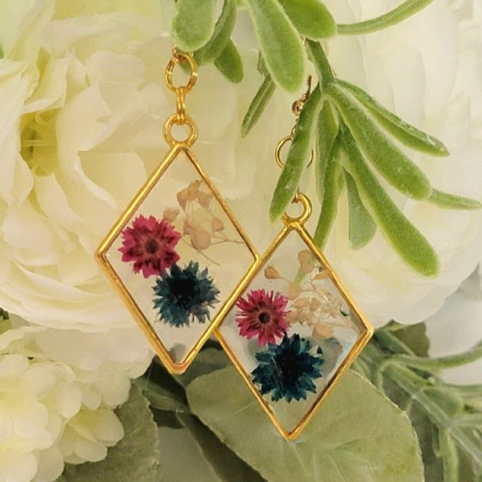 Nature Inspired Pink &  Blue Real Flowers Earrings, Botanical Dangle, Unique Statement Drop Earring