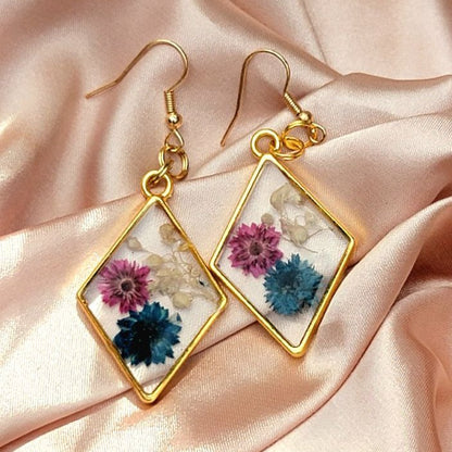 Nature Inspired Pink &  Blue Real Flowers Earrings, Botanical Dangle, Unique Statement Drop Earring