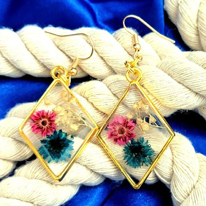 Nature Inspired Pink &  Blue Real Flowers Earrings, Botanical Dangle, Unique Statement Drop Earring