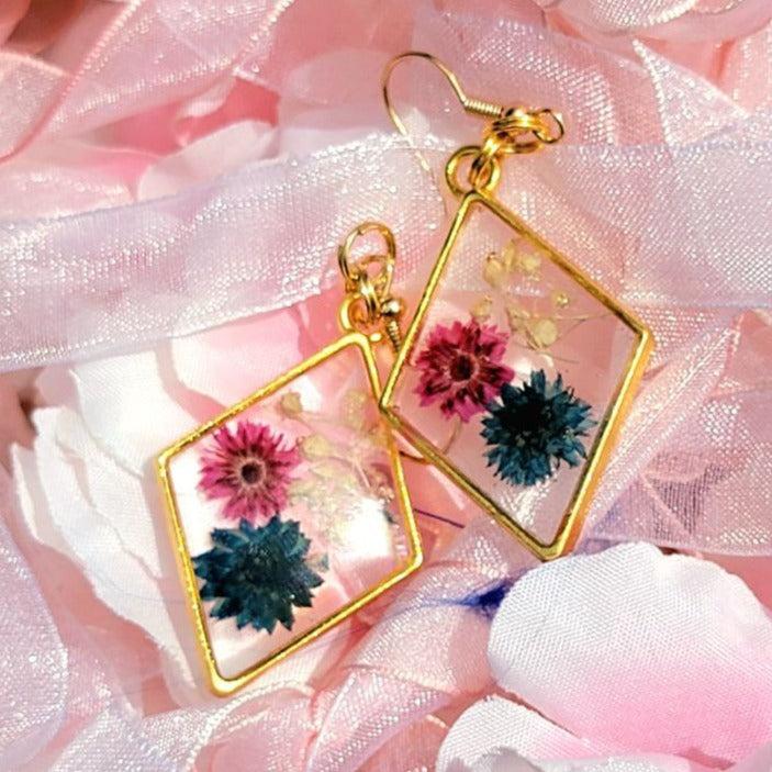 Nature Inspired Pink &  Blue Real Flowers Earrings, Botanical Dangle, Unique Statement Drop Earring