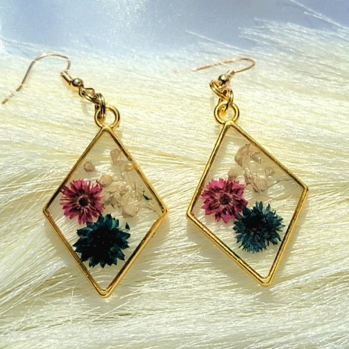 Nature Inspired Pink &  Blue Real Flowers Earrings, Botanical Dangle, Unique Statement Drop Earring