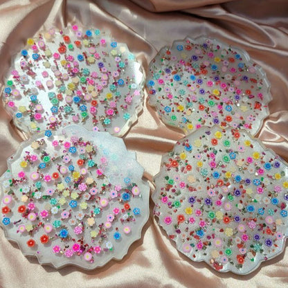 Colorful Resin Coasters w/ Polymer Clay Flowers, Set of 4 Housewarming Gift, Functional Art, Artistic Tableware  for Elegant Setting