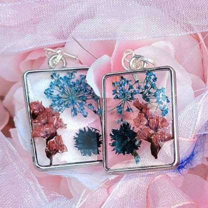 Naturally Pressed Flowers Earrings, Handcrafted Resin Dangle, Nature Inspired Drop