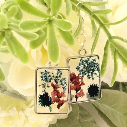 Naturally Pressed Flowers Earrings, Handcrafted Resin Dangle, Nature Inspired Drop