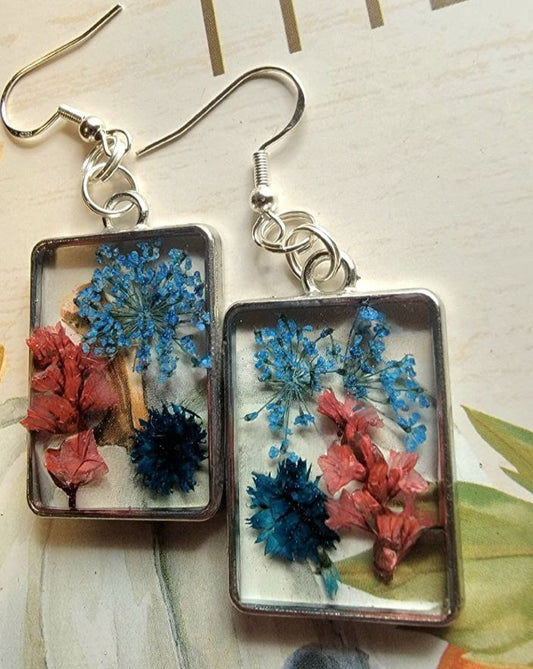 Naturally Pressed Flowers Earrings, Handcrafted Resin Dangle, Nature Inspired Drop