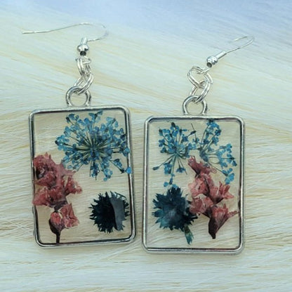 Naturally Pressed Flowers Earrings, Handcrafted Resin Dangle, Nature Inspired Drop