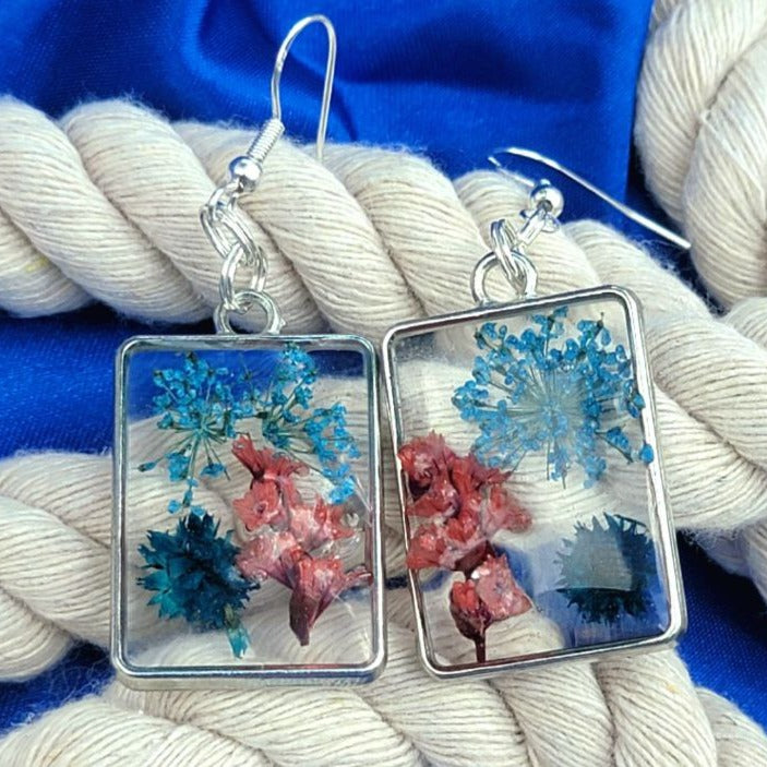 Naturally Pressed Flowers Earrings, Handcrafted Resin Dangle, Nature Inspired Drop