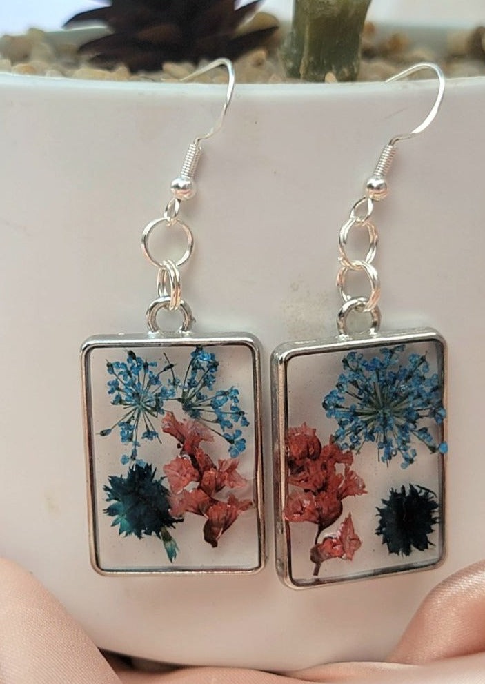 Naturally Pressed Flowers Earrings, Handcrafted Resin Dangle, Nature Inspired Drop