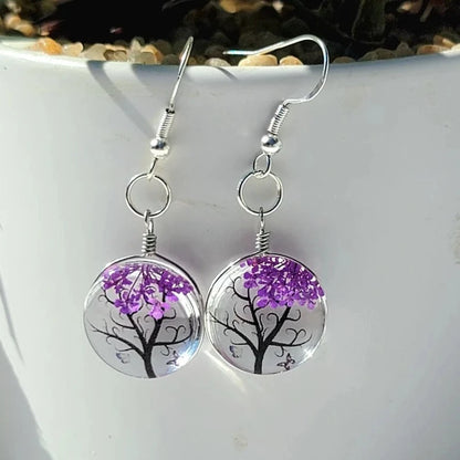 Purple Baby's Breath Flower Earrings, Nature-Inspired Floral Pendant, Glass Encased Jewelry, Tree of Life Design