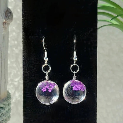 Purple Baby's Breath Flower Earrings, Nature-Inspired Floral Pendant, Glass Encased Jewelry, Tree of Life Design