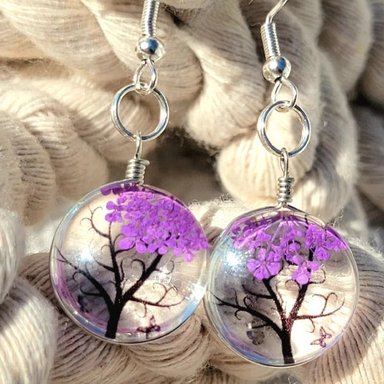 Purple Baby's Breath Flower Earrings, Nature-Inspired Floral Pendant, Glass Encased Jewelry, Tree of Life Design