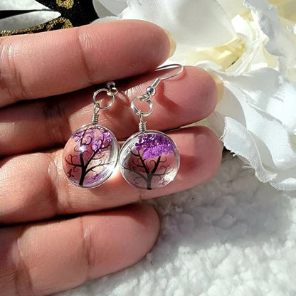 Purple Baby's Breath Flower Earrings, Nature-Inspired Floral Pendant, Glass Encased Jewelry, Tree of Life Design