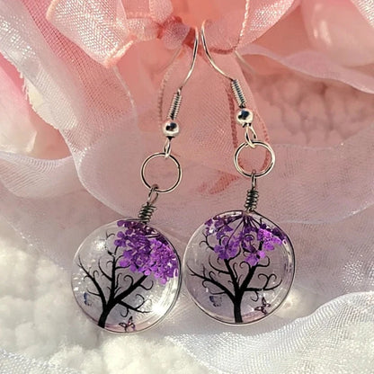 Purple Baby's Breath Flower Earrings, Nature-Inspired Floral Pendant, Glass Encased Jewelry, Tree of Life Design