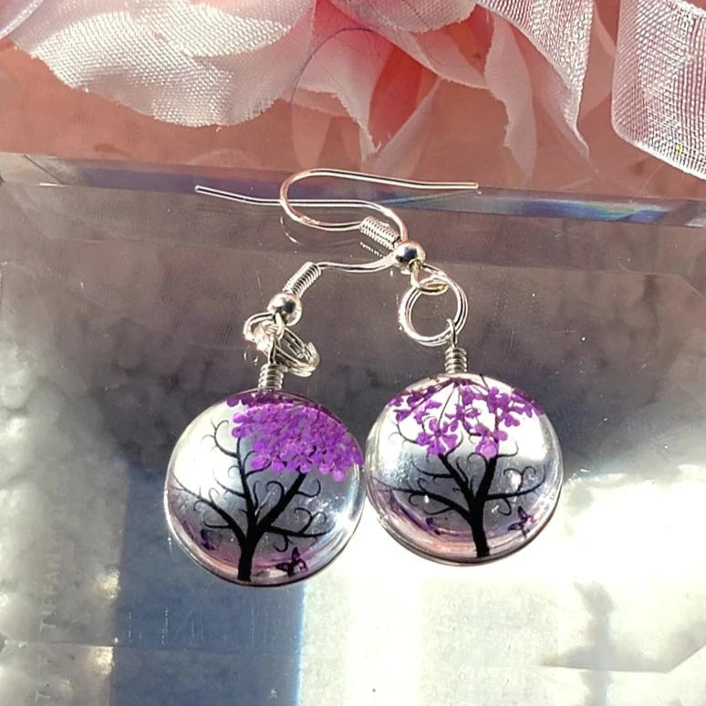 Purple Baby's Breath Flower Earrings, Nature-Inspired Floral Pendant, Glass Encased Jewelry, Tree of Life Design