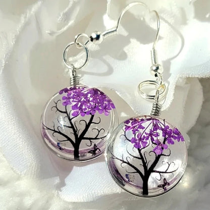 Purple Baby's Breath Flower Earrings, Nature-Inspired Floral Pendant, Glass Encased Jewelry, Tree of Life Design