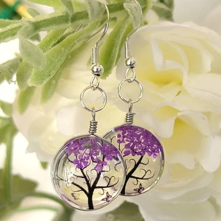 Purple Baby's Breath Flower Earrings, Nature-Inspired Floral Pendant, Glass Encased Jewelry, Tree of Life Design