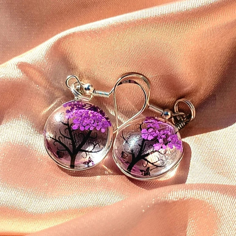 Purple Baby's Breath Flower Earrings, Nature-Inspired Floral Pendant, Glass Encased Jewelry, Tree of Life Design