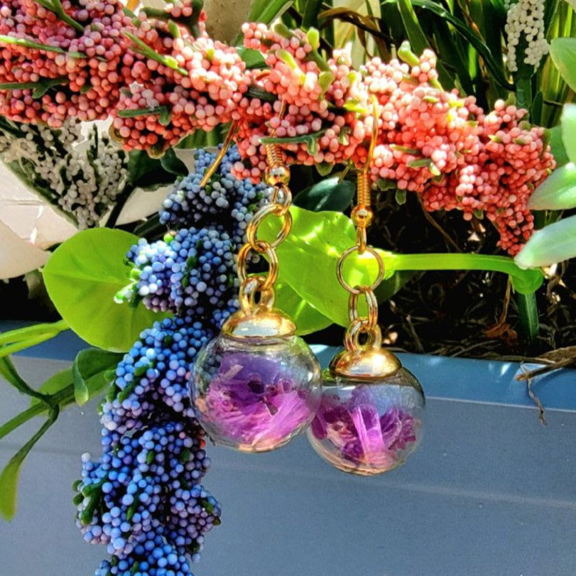 Real Dried Purple Flowers in Globe Earring, Unique Glass Dangle Jewelry