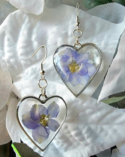 Pendientes de flores púrpuras vibrantes, joyería de resina de flores reales, colgante conservado naturalmente, joyería de declaración hecha a mano, gota inspirada en el jardín