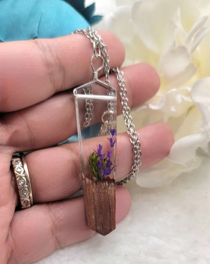 Purple Flower in Resin Necklace, Preserved Natural Floral Pendant, Naturally Pressed Foliage Jewelry