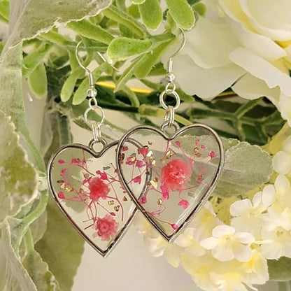 Real Pink Flowers in Heart Shaped Earring, Preserved Flower Dangle, Eco-Friendly Design Drop