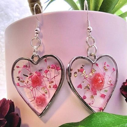 Real Pink Flowers in Heart Shaped Earring, Preserved Flower Dangle, Eco-Friendly Design Drop