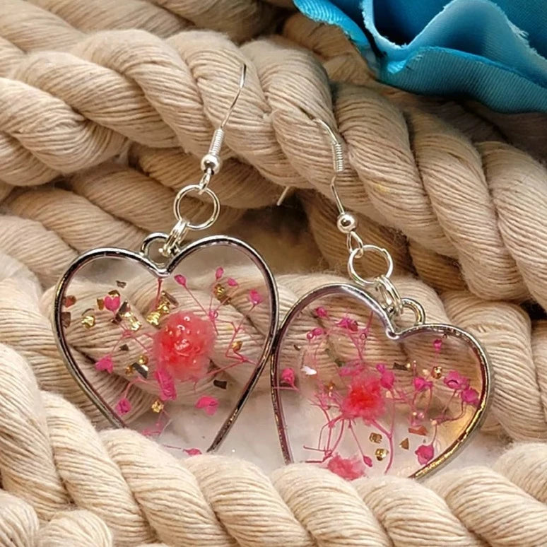 Real Pink Flowers in Heart Shaped Earring, Preserved Flower Dangle, Eco-Friendly Design Drop