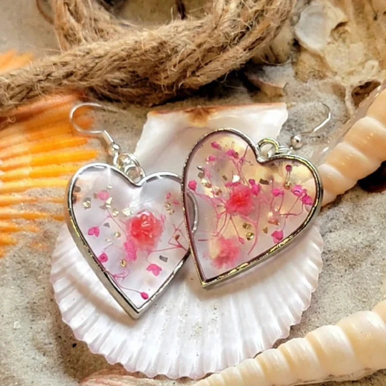 Real Pink Flowers in Heart Shaped Earring, Preserved Flower Dangle, Eco-Friendly Design Drop