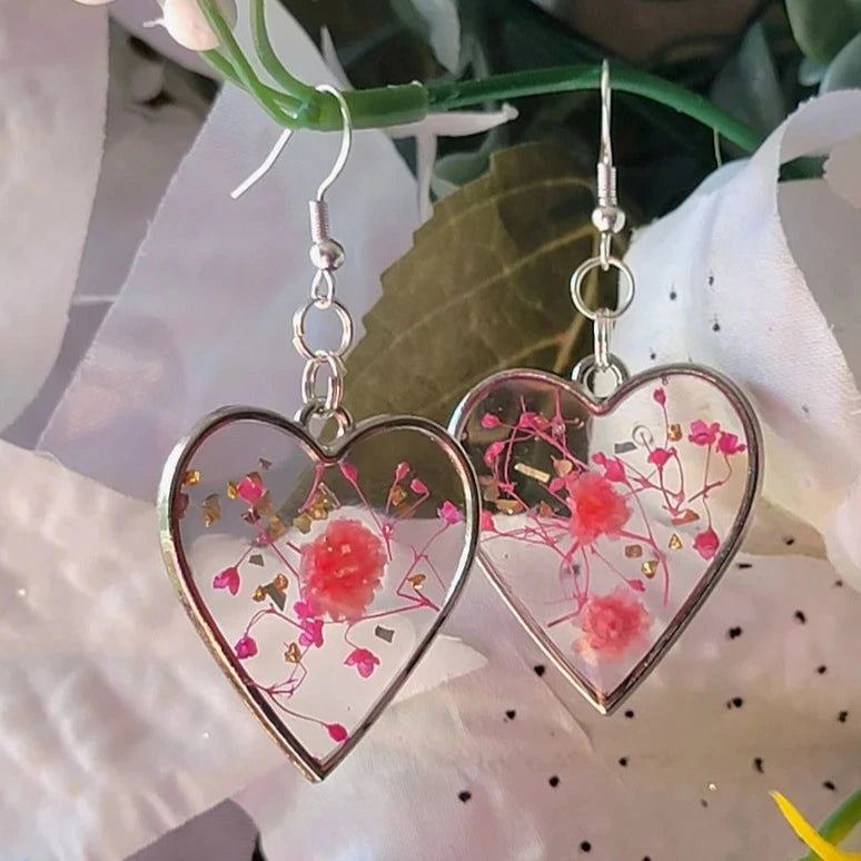 Real Pink Flowers in Heart Shaped Earring, Preserved Flower Dangle, Eco-Friendly Design Drop