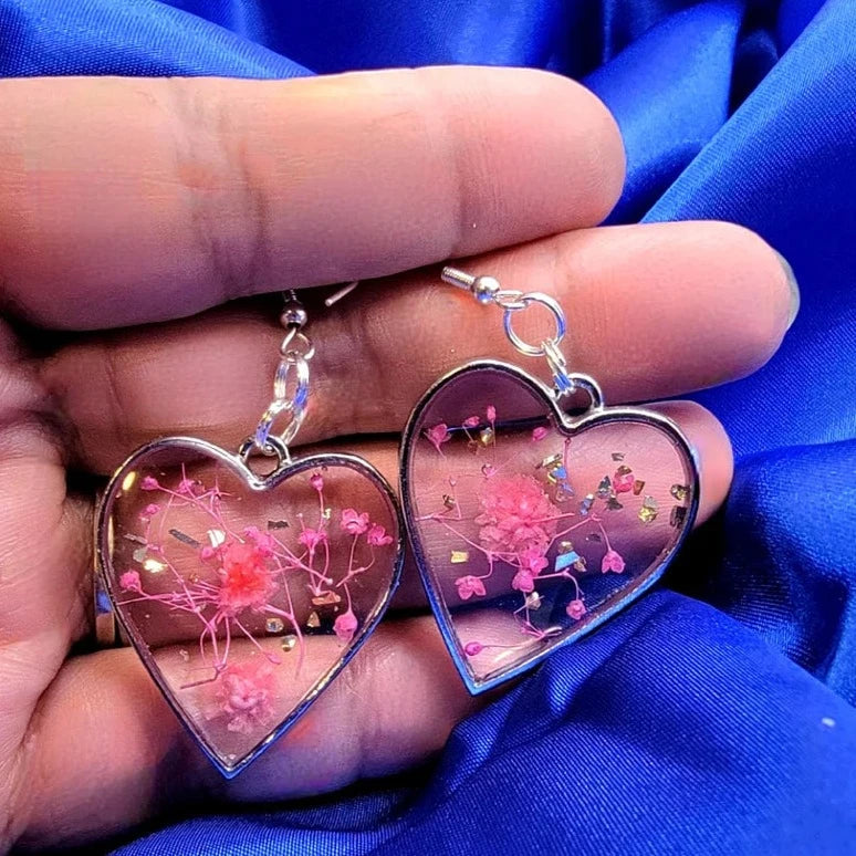 Real Pink Flowers in Heart Shaped Earring, Preserved Flower Dangle, Eco-Friendly Design Drop