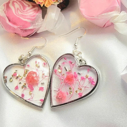 Real Pink Flowers in Heart Shaped Earring, Preserved Flower Dangle, Eco-Friendly Design Drop