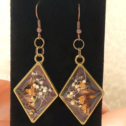 Real Fall Flower Earrings, Brown Limonium Fashion Floral Dangle, Timeless Elegance, Nature-Inspired Wearable Art