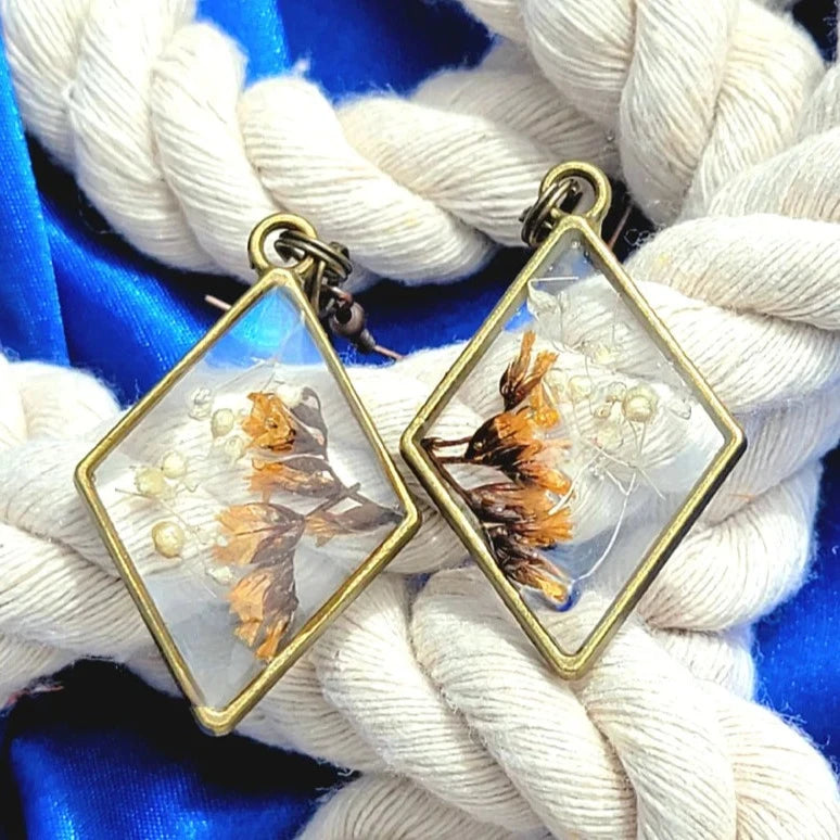 Real Fall Flower Earrings, Brown Limonium Fashion Floral Dangle, Timeless Elegance, Nature-Inspired Wearable Art