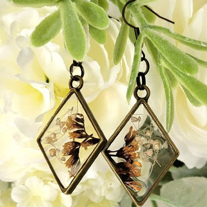 Real Fall Flower Earrings, Brown Limonium Fashion Floral Dangle, Timeless Elegance, Nature-Inspired Wearable Art