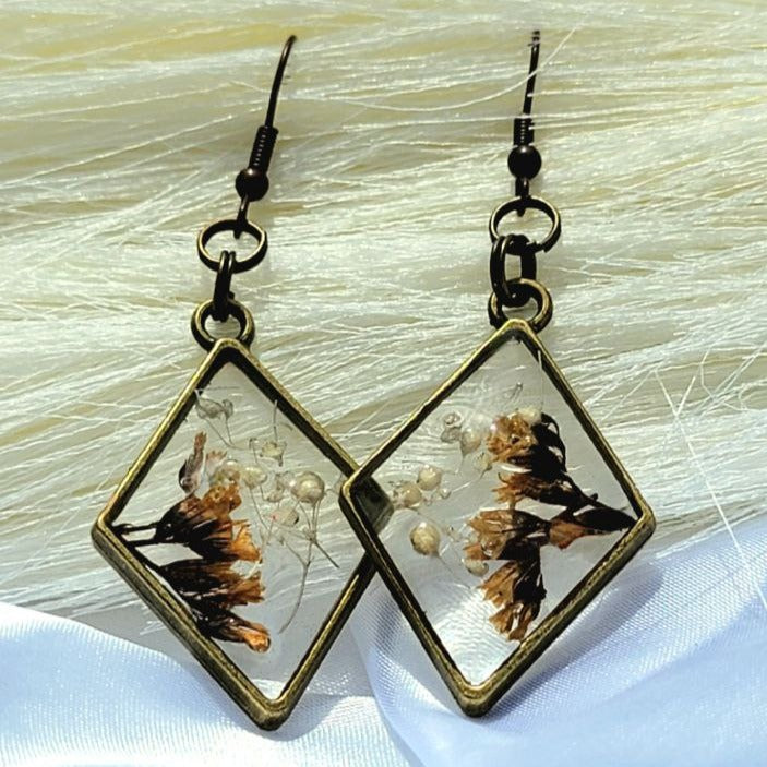 Real Fall Flower Earrings, Brown Limonium Fashion Floral Dangle, Timeless Elegance, Nature-Inspired Wearable Art