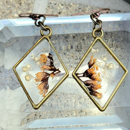 Real Fall Flower Earrings, Brown Limonium Fashion Floral Dangle, Timeless Elegance, Nature-Inspired Wearable Art