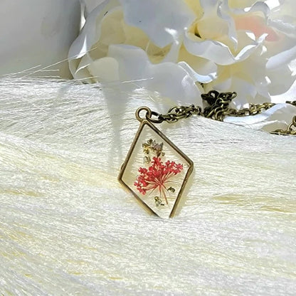 Red Baby's Breath Flower Necklace, Botanical Pendant, Unique Pressed Floral Jewelry