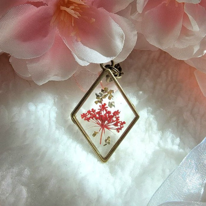 Red Baby's Breath Flower Necklace, Botanical Pendant, Unique Pressed Floral Jewelry