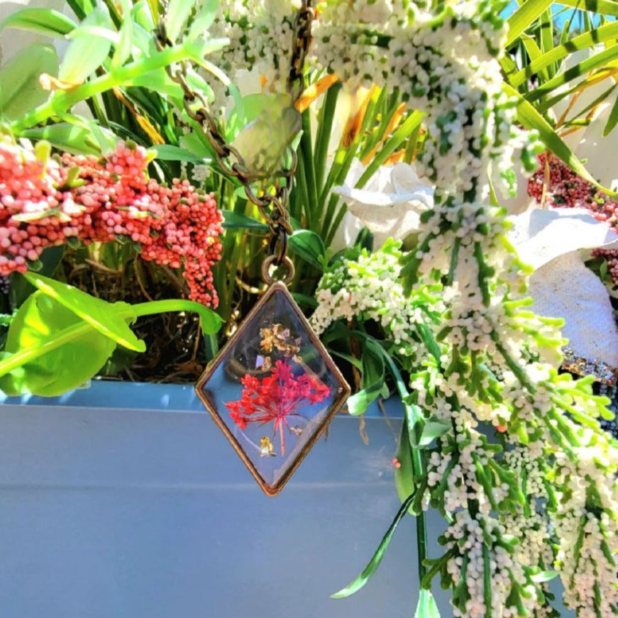 Red Baby's Breath Flower Necklace, Botanical Pendant, Unique Pressed Floral Jewelry