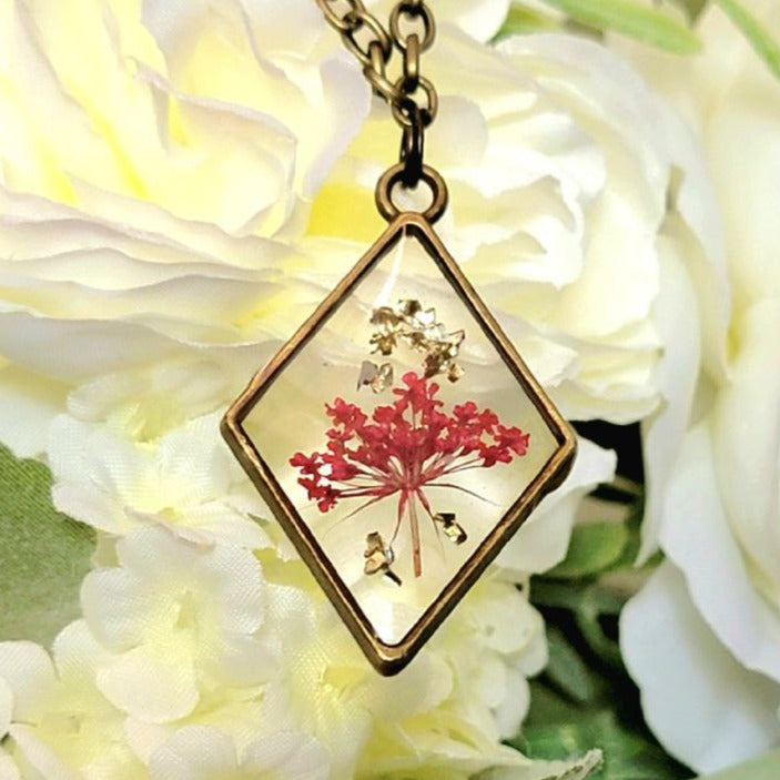 Red Baby's Breath Flower Necklace, Botanical Pendant, Unique Pressed Floral Jewelry