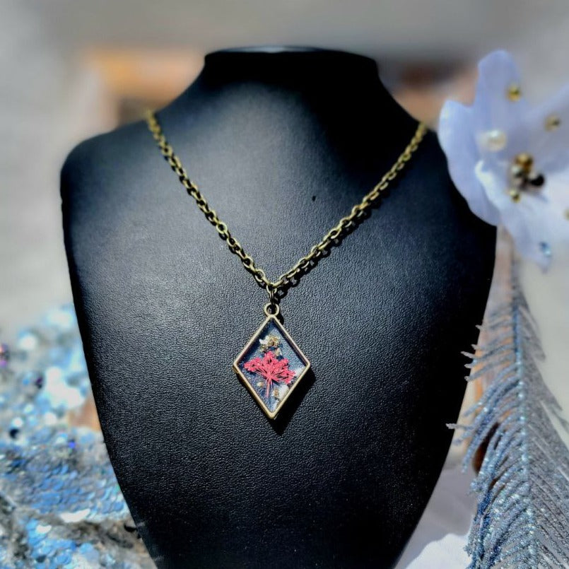 Red Baby's Breath Flower Necklace, Botanical Pendant, Unique Pressed Floral Jewelry