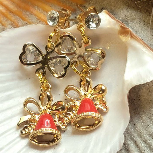 Red & Gold Christmas Bell Earring, Holiday Earring w/ Golden Ribbons Dangle, Dainty Festive Drop