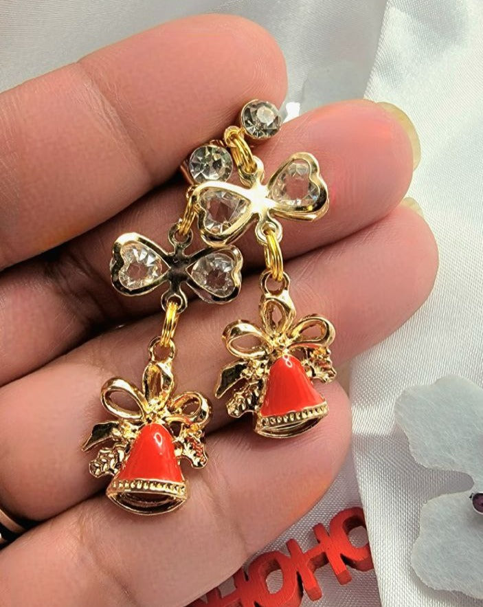 Red & Gold Christmas Bell Earring, Holiday Earring w/ Golden Ribbons Dangle, Dainty Festive Drop