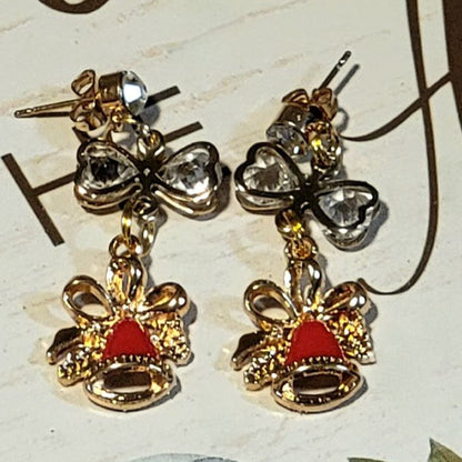 Red & Gold Christmas Bell Earring, Holiday Earring w/ Golden Ribbons Dangle, Dainty Festive Drop