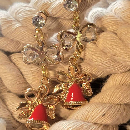 Red & Gold Christmas Bell Earring, Holiday Earring w/ Golden Ribbons Dangle, Dainty Festive Drop