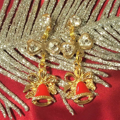 Red & Gold Christmas Bell Earring, Holiday Earring w/ Golden Ribbons Dangle, Dainty Festive Drop